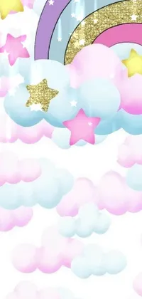 Decorate your phone with this charming live wallpaper featuring a vibrant rainbow, fluffy clouds, and sparkling stars presented in bold and vibrant hues