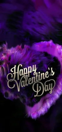 Install this stunning phone live wallpaper featuring a beautiful purple heart that reads "Happy Valentine's Day" against a soft and fluffy purple fur texture