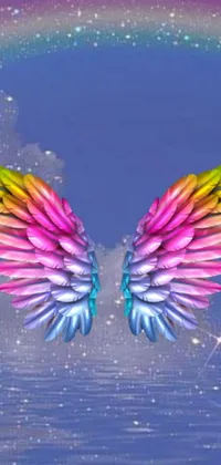 This live wallpaper for phones features a striking design of colorful wings with a rainbow backdrop