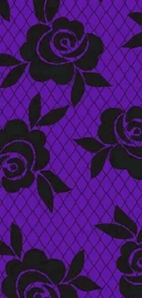 This lively phone wallpaper showcases a stunning pattern of black roses on a vibrant purple background, creating a bold and captivating design