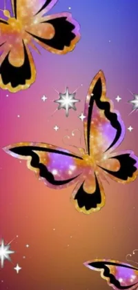 This phone live wallpaper showcases three digital art butterflies in purple and orange jeweled colors