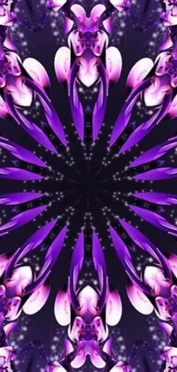 This stunning live wallpaper features a purple flower set against a black background, created through digital art and viewed through a kaleidoscope for a mesmerizing effect