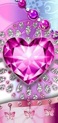 This live phone wallpaper boasts a stylish pink heart with a stunning surrounding of glittering gems and dainty butterflies