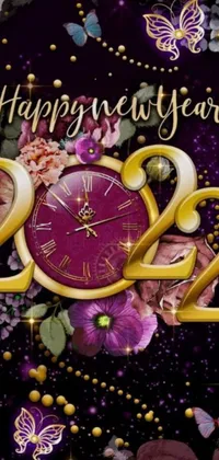 Decorate your phone with this mesmerizing live wallpaper featuring a stunning purple clock sitting on top of a matching purple background, adorned with intricate gold details