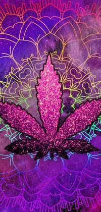 This phone live wallpaper features a vibrant digital rendering of a marijuana leaf against a purple background