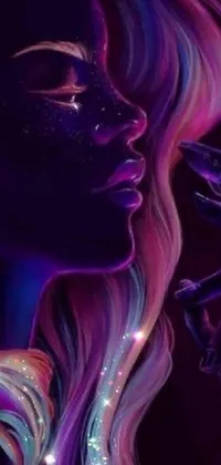 This phone live wallpaper showcases an stunning digital art of a glitter-faced woman with long hair
