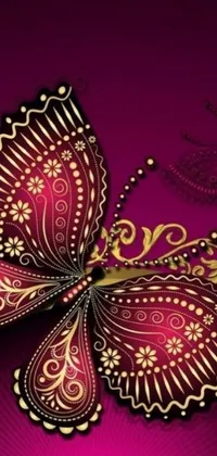 This Live Wallpaper features a beautiful purple and gold butterfly on a pink background with stunning filigree accents