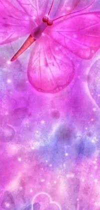 This lovely phone live wallpaper showcases a pink butterfly resting on top of a purple backdrop with digital art, cosmic angels, pink shades, and flowers in the background