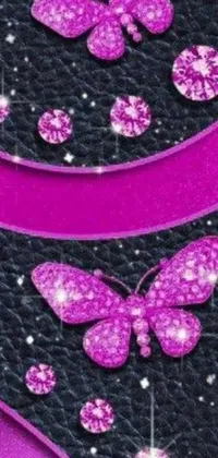 This phone live wallpaper displays a close-up shot of a modern cell phone with stunning butterfly graphics against a backdrop featuring sparkling crystals and purple and pink leather accents