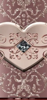 This live wallpaper features a stunning digital art of a rose gold heart with a diamond center against a damask pattern background