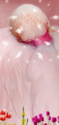 This live phone wallpaper features a cute teddy bear sitting on a bed of beautiful flowers, surrounded by stunning pink flames in the bear's hair