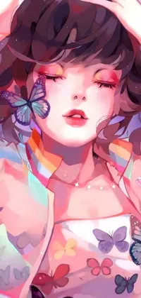 This stunning phone live wallpaper features a serene woman with butterflies in her hair, against a vibrant and colorful background