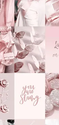 This beautiful phone live wallpaper features a collage of pink and white images with rose gold accents