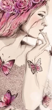 This phone live wallpaper showcases a beautiful digital drawing of a woman with butterflies in soft pink hues