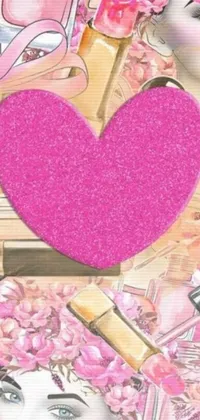 This mobile live wallpaper showcases a captivating portrait featuring a striking pink heart at its centre, impeccably balanced by an array of delightful adornments such as a picture, an Instagram shot, a dazzling glitter sticker, and multiple close-up images of cosmetics and collaged elements