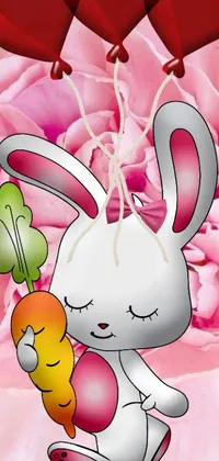Looking for a lively and engaging phone wallpaper? Look no further than this rabbit live wallpaper! With a cute bunny holding a carrot and heart-shaped balloon, set against a beautiful pink rose background, this wallpaper is sure to brighten up your phone and bring a smile to your face