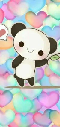 This phone live wallpaper features an adorable chibi panda bear holding a small flower