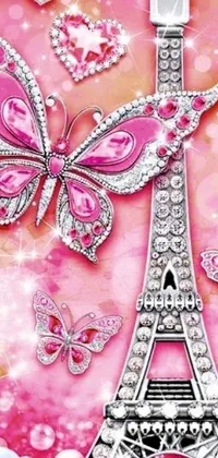 Enjoy the stunning Eiffel Tower and butterfly phone live wallpaper, featuring beautiful crystals and a charming pink character