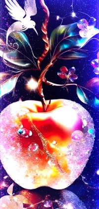 This apple and coffee live wallpaper features a stunning digital art design adorned with precious stones, vibrant luminescence and garden of eden vibes