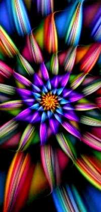 This phone live wallpaper depicts a stunning, close-up view of a colorful flower set against a black background