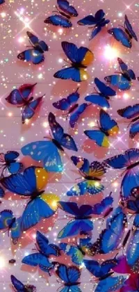 This adorable phone live wallpaper features a flock of blue butterflies flying in a serene, dark blue background