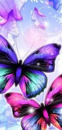 Experience the magic of nature with our stunning live wallpaper for your phone! Picture three elegant butterflies gliding across a sky that is awash with mesmerizing shades of purple and blue