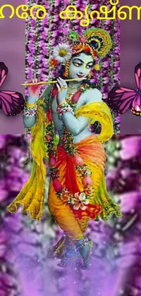 This mobile wallpaper exudes a psychedelic vibe with bold colors, intricate designs, and a central figure holding a flute