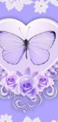 This mobile live wallpaper is a gorgeous heart-shaped frame depicting fresh purple roses and a delicate butterfly
