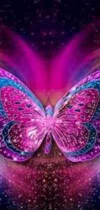 This phone live wallpaper features a stunning, pink butterfly with blue wings set against a black background