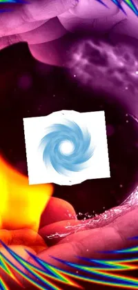 This cosmic live phone wallpaper features an abstract scene of a hand holding paper, with intricate swirling water, cosmic galaxies, and plasticized spiral flames
