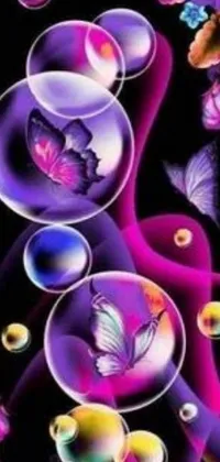 This mesmerizing live wallpaper brings vibrancy and life to your phone with colorful digital art, featuring fluttering butterflies and floating bubbles set against a sleek black background