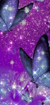 This beautiful phone live wallpaper displays a mesmerizing digital art of purple butterflies flying through the night sky, with twinkling stars in the background