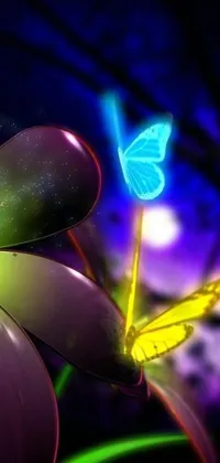 This live wallpaper features a close-up of a flower with a digital art butterfly on it, featuring neon-yellow-holographic wings and a neon background lighting