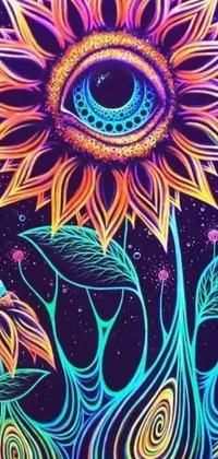 This mobile live wallpaper depicts a stunning sunflower painting on a black background, featuring intricate and vibrant vector art with glowing lights