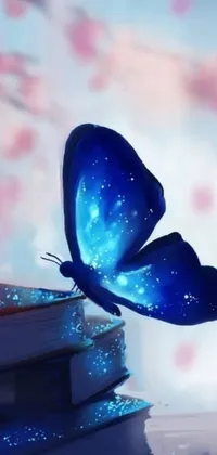 This phone live wallpaper depicts a mesmerizing blue butterfly sitting on a stack of books through stunning digital airbrush painting
