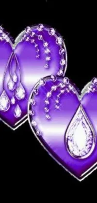 This lively phone wallpaper showcases two purple hearts adorned with intricate jewels against a dark background, with tears dripping from their eyes to convey a strong sense of emotion
