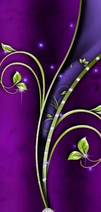 This phone live wallpaper boasts a stunning purple and gold floral background paired with deviantart artwork, purple crystal inlays, and a green, purple color scheme
