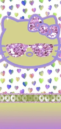 This lively phone wallpaper features a digital hello kitty, adorned with glitter and sequins, against a background of hearts