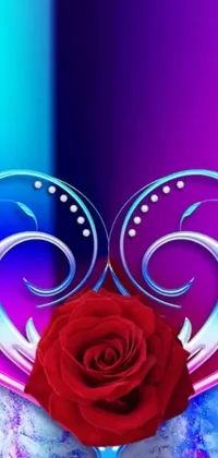 This phone live wallpaper features a vibrant red rose sitting atop a dynamic purple and blue background, all fashioned with stunning digital art techniques