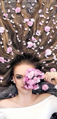 This stunning live wallpaper for your phone features a woman lying on a bed of vibrant flowers, surrounded by delicate pink petals