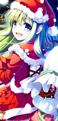 This live wallpaper features a vibrant girl dressed as Santa Claus, sporting a warm winter coat and cheerful demeanor