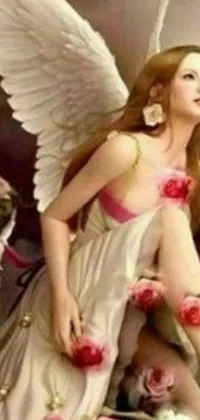 Adorn your phone screen with a mesmerizing live wallpaper that showcases an angel surrounded by statues in a bed of roses