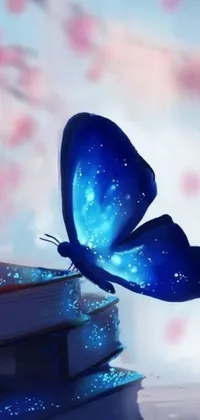 This mesmerizing live wallpaper features a stunning, glowing blue butterfly perched atop a stack of books, creating a dreamy digital art piece