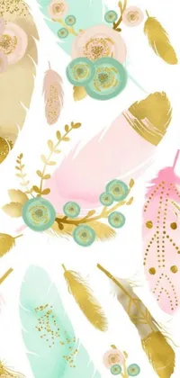 This phone live wallpaper features a pattern of feathers and flowers on a white background, designed in a pastel color palette
