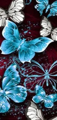 This phone live wallpaper features a group of blue butterflies on a red background, digitally crafted with airbrush techniques and crystallized effects