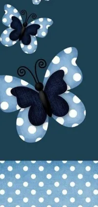 This live wallpaper features a charming blue and white polka dot background adorned with an elegant butterfly