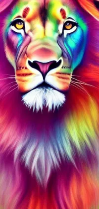 This phone wallpaper captures the colorful, airbrush-painted face of a lion in stunning HD detail