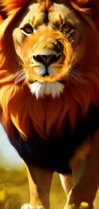 This phone live wallpaper features a stunning photorealistic image of a mid shot lion standing atop a lush green field