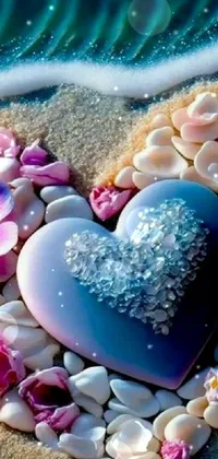 This phone live wallpaper showcases a stunning heart crafted from shells and flowers, adorned with 3D gems and crystals in shades of blue and pink