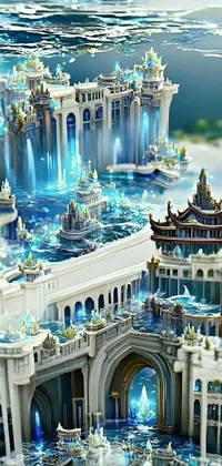 Immerse yourself in a fantasy world with this stunning live wallpaper featuring a grand palace sitting atop a calm body of water in the city of Atlantis